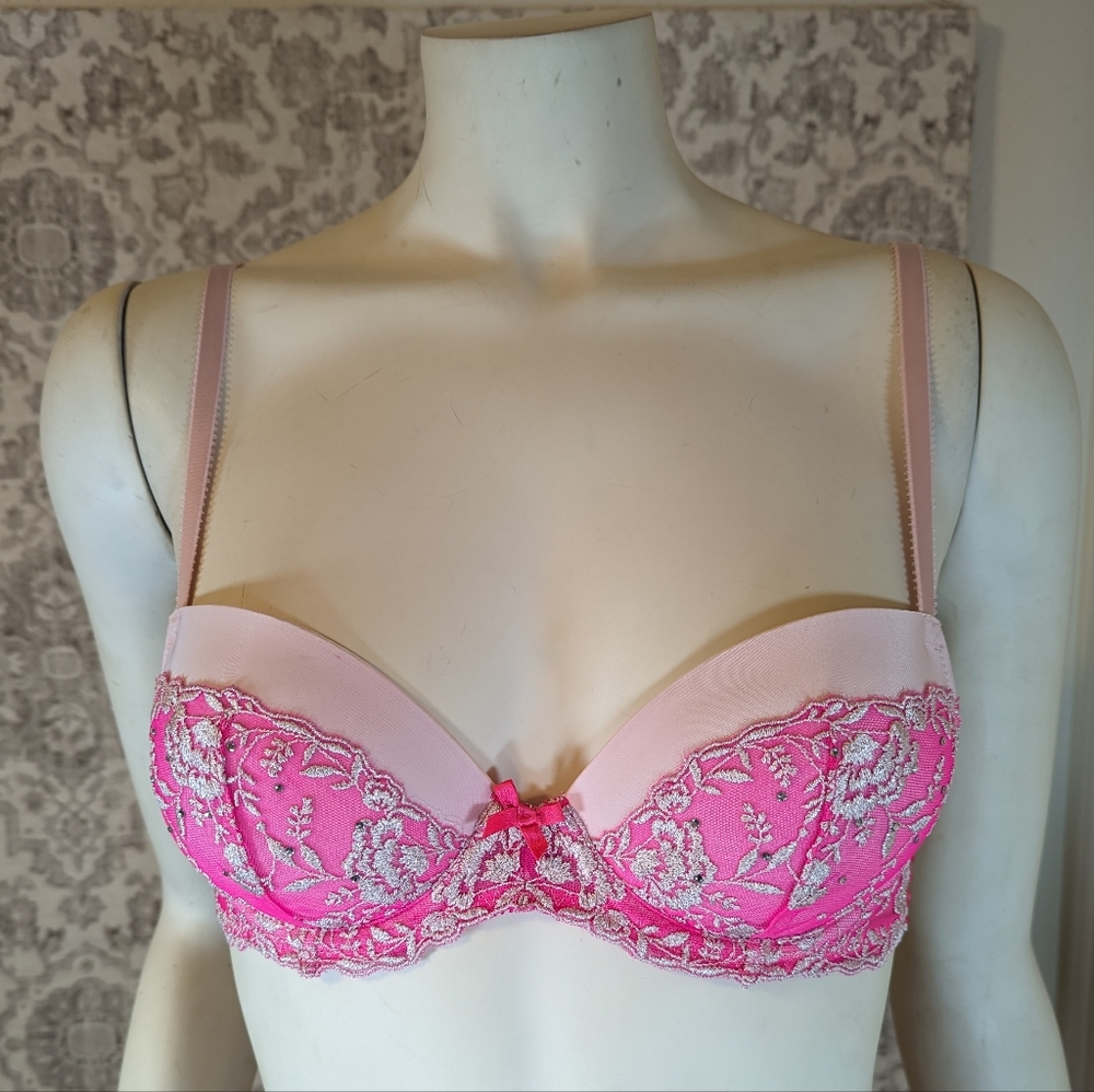 Victoria's Secret Bright Pink and Silver embroidered Rhinestone Bra 34B
